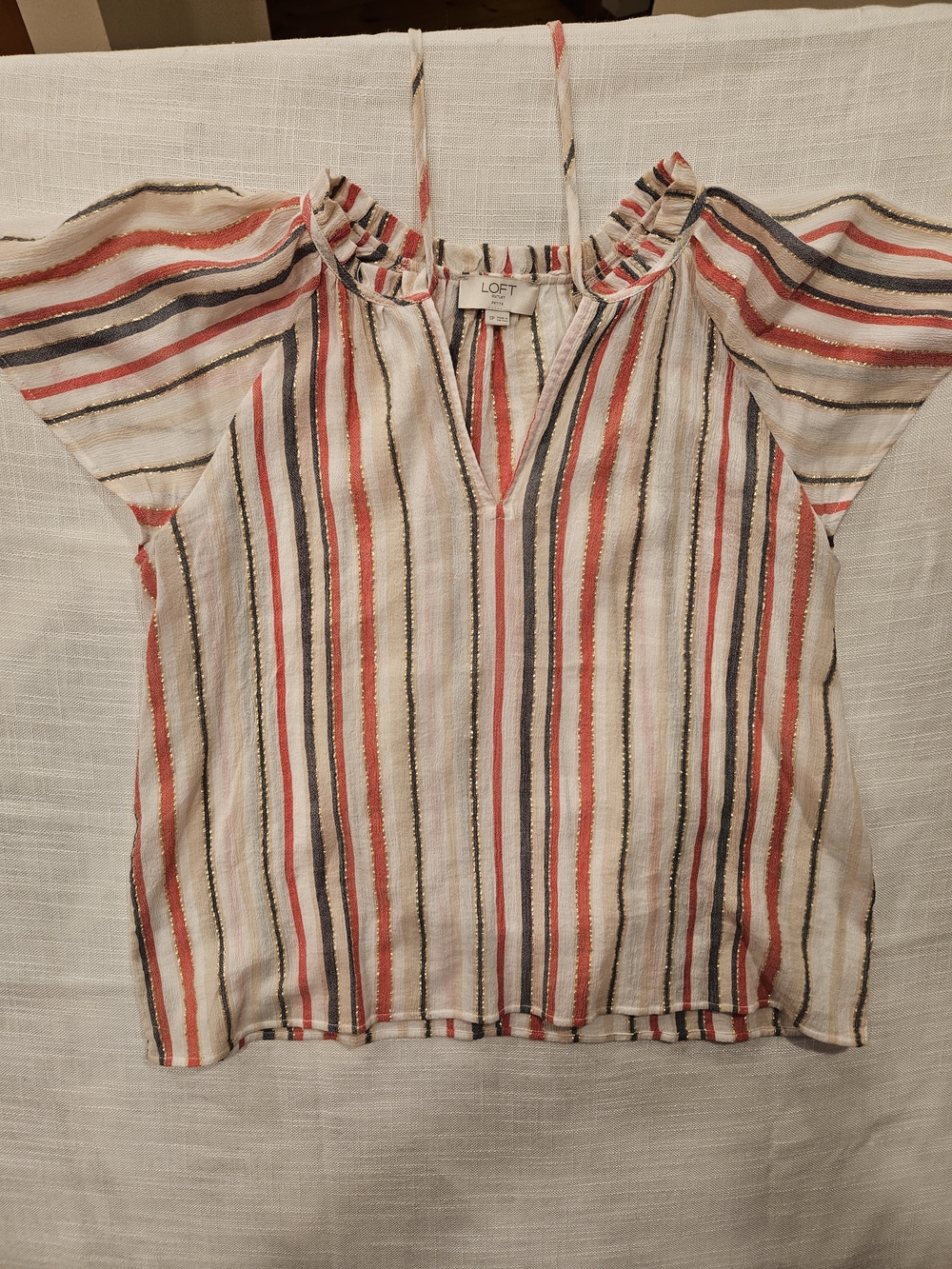 LOFT Striped Cap-Sleeve Tie-Neck Top in Cream and Coral